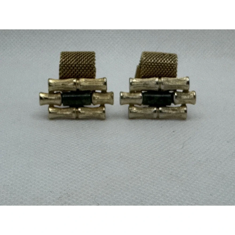 VINTAGE BAMBOO NATURAL JADE STONE MESHWRAP MESH WRAP CUFFLINKS
